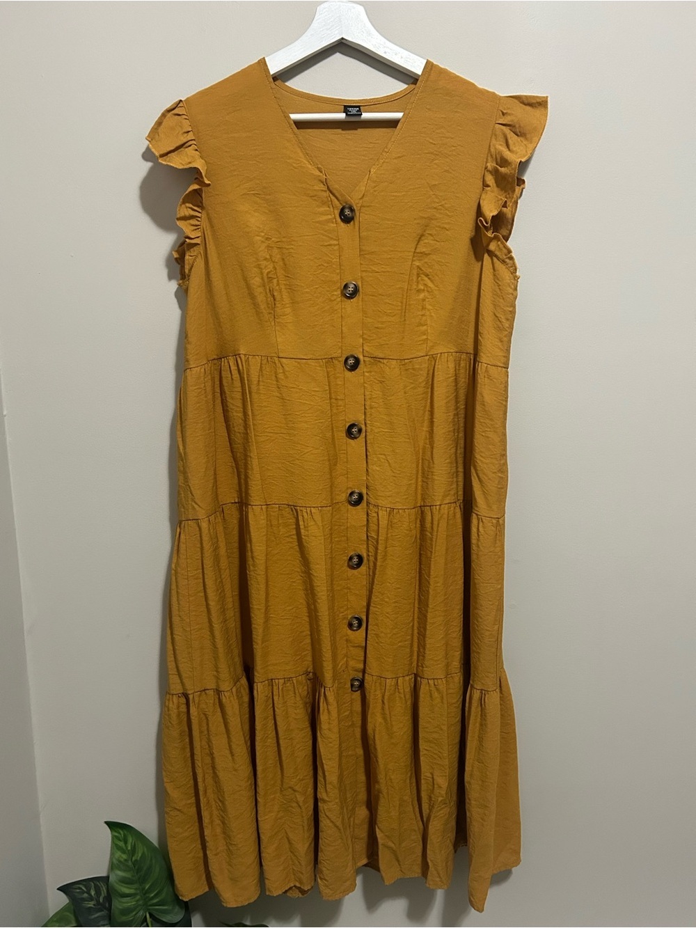 Mustard Button-Front Tiered Midi Dress